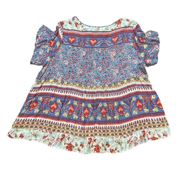 Floral Patchwork Women's Top Loose Boho Short flutter Sleeve Shirts Blouse - Picture 3 of 8